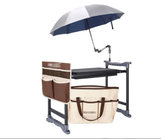 outGarden Kneeler and Seat with Umbrella, 2-in-1 Foldable Gardening Stool with Adjustable Bracket, Detachable Tool Bags (Color: Beige & Brown)