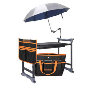 outGarden Kneeler and Seat with Umbrella, 2-in-1 Foldable Gardening Stool with Adjustable Bracket, Detachable Tool Bags (Color: Black & Orange)