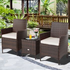 3 Pieces Patio Cushioned Rattan Converstaion Set With Glass Table Top (Color: White)